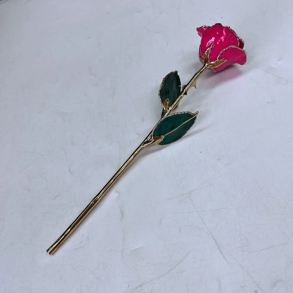 24k Rose Co Pink Real Rose Preserved in Lacquer Trimmed in 24K Gold with Box COA